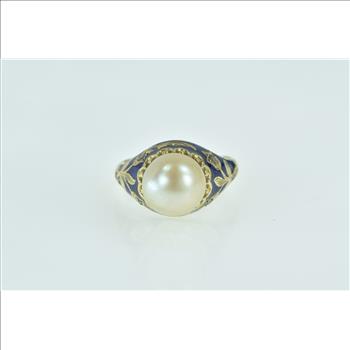 18K Victorian Pearl Enamel Rose Diamond Floral Yellow Gold Ring, Size 5.25