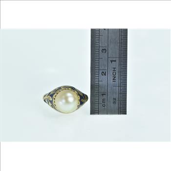 18K Victorian Pearl Enamel Rose Diamond Floral Yellow Gold Ring, Size 5.25