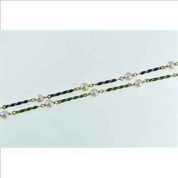 18K Vintage 6.3mm Pearl Beaded Enamel Twist Bar Yellow Gold Necklace 20.5