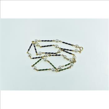 18K Vintage 6.3mm Pearl Beaded Enamel Twist Bar Yellow Gold Necklace 20.5