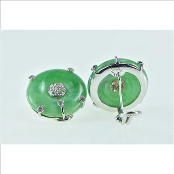 18K Vintage Jade Bi Diamond Cluster Clip Back White Gold Earrings
