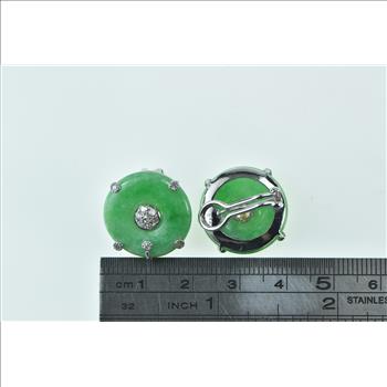 18K Vintage Jade Bi Diamond Cluster Clip Back White Gold Earrings