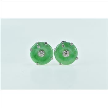 18K Vintage Jade Bi Diamond Cluster Clip Back White Gold Earrings