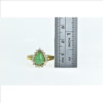 18K Vintage Pear Cut Jade Diamond Halo Engagement Yellow Gold Ring, Size 6.5