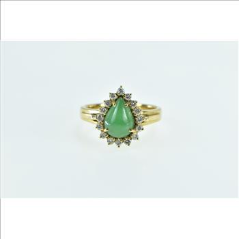 18K Vintage Pear Cut Jade Diamond Halo Engagement Yellow Gold Ring, Size 6.5