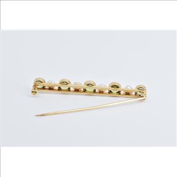 18K Vintage Peridot Pearl Ornate Bar Statement Yellow Gold Pin/Brooch