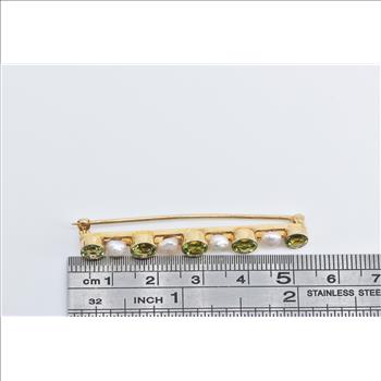18K Vintage Peridot Pearl Ornate Bar Statement Yellow Gold Pin/Brooch