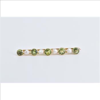 18K Vintage Peridot Pearl Ornate Bar Statement Yellow Gold Pin/Brooch
