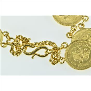 21K Mexican Pesos Gold Coin Vintage Chain Yellow Gold Bracelet 6.25