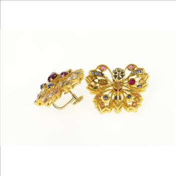 22K Ruby Sapphire Encrusted Butterfly Screw Back Yellow Gold Earrings