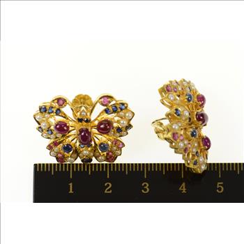 22K Ruby Sapphire Encrusted Butterfly Screw Back Yellow Gold Earrings