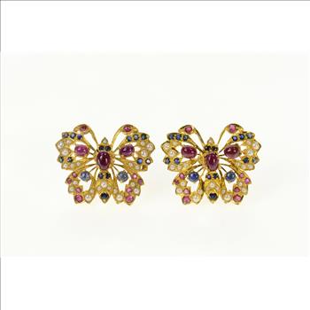 22K Ruby Sapphire Encrusted Butterfly Screw Back Yellow Gold Earrings