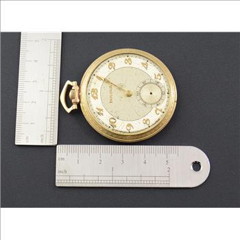 43.7g Gold Plated VINTAGE Bulova 38.1 mm Face Pocket Watch Marked 10K Rolled Gold Plate