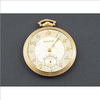43.7g Gold Plated VINTAGE Bulova 38.1 mm Face Pocket Watch Marked 10K Rolled Gold Plate