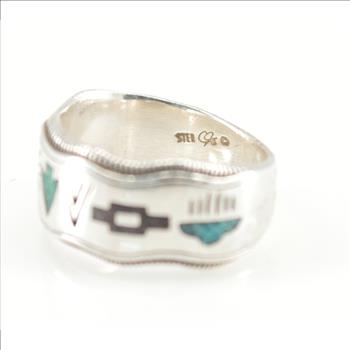7.5g Solid Silver Wavy Inlaid Native American Symbols Sterling Ring Size 7 / Marked Ster.