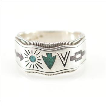 7.5g Solid Silver Wavy Inlaid Native American Symbols Sterling Ring Size 7 / Marked Ster.