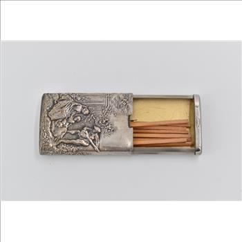 800 Silver Antique German Garden Bard Scene Match Box Case