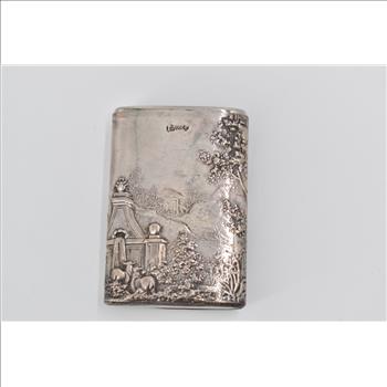 800 Silver Antique German Garden Bard Scene Match Box Case