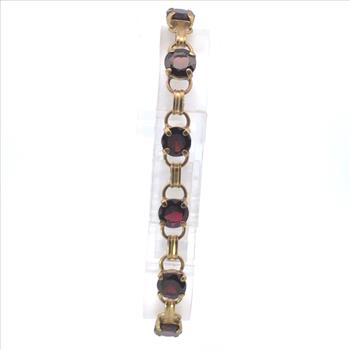 8K 1930's Round Garnet Vintage Ornate Chain Yellow Gold Bracelet 7.75