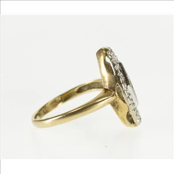 8K Diamond Inset Ornate Textured Pointed Oval Yellow Gold Ring, Size 3.75