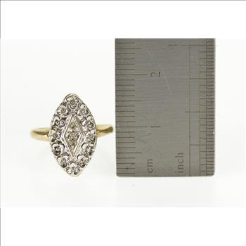 8K Diamond Inset Ornate Textured Pointed Oval Yellow Gold Ring, Size 3.75