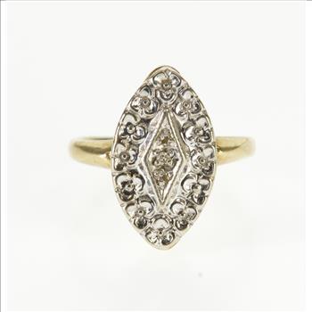 8K Diamond Inset Ornate Textured Pointed Oval Yellow Gold Ring, Size 3.75