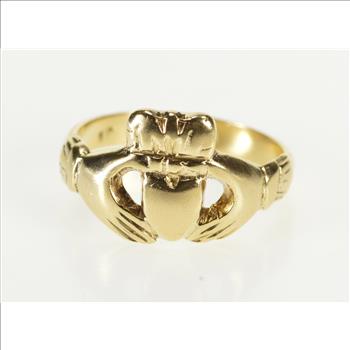 8K Traditional Irish Celtic Claddagh Loyalty Yellow Gold Ring, Size 5.5