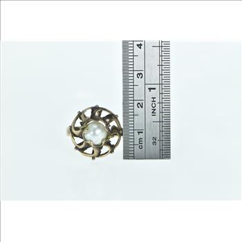 8K Victorian 7.6mm Pearl Swirl Ornate Cocktail Yellow Gold Ring, Size 9.5
