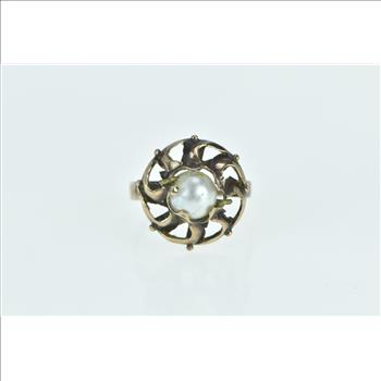 8K Victorian 7.6mm Pearl Swirl Ornate Cocktail Yellow Gold Ring, Size 9.5
