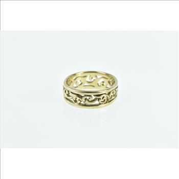 9K 7.4mm Ornate Swirl Vine Filigree Vintage Band Yellow Gold Ring, Size 7.5