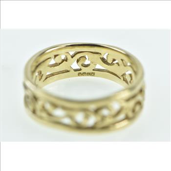 9K 7.4mm Ornate Swirl Vine Filigree Vintage Band Yellow Gold Ring, Size 7.5