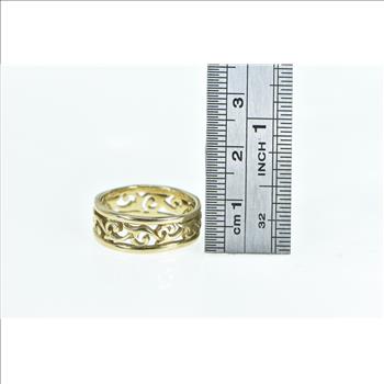 9K 7.4mm Ornate Swirl Vine Filigree Vintage Band Yellow Gold Ring, Size 7.5