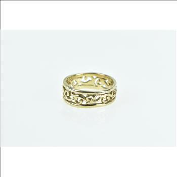9K 7.4mm Ornate Swirl Vine Filigree Vintage Band Yellow Gold Ring, Size 7.5