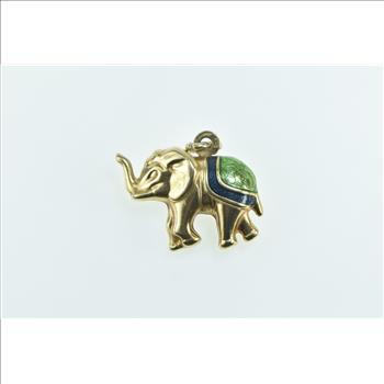 9K Enamel Puffy Elephant Animal Patience Symbol Yellow Gold Pendant