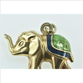 9K Enamel Puffy Elephant Animal Patience Symbol Yellow Gold Pendant