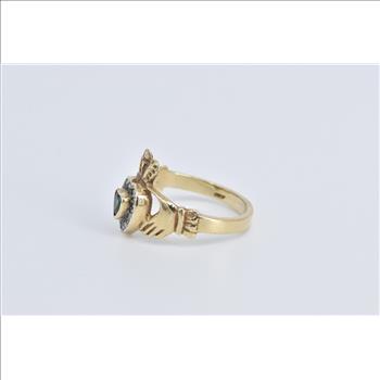 9K Heart Cut Emerald Diamond Claddagh Promise Yellow Gold Ring, Size 6.25