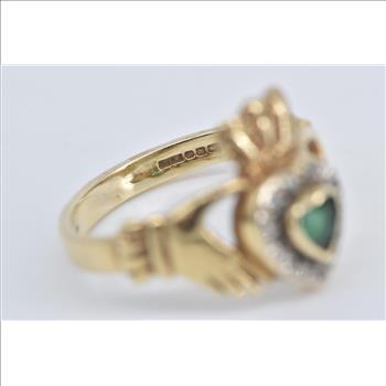 9K Heart Cut Emerald Diamond Claddagh Promise Yellow Gold Ring, Size 6.25