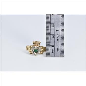 9K Heart Cut Emerald Diamond Claddagh Promise Yellow Gold Ring, Size 6.25
