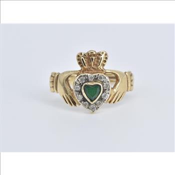 9K Heart Cut Emerald Diamond Claddagh Promise Yellow Gold Ring, Size 6.25