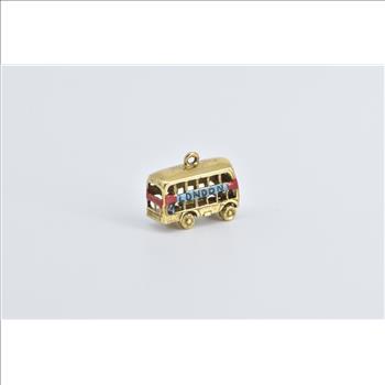 9K London Enamel Double Decker Bus Travel Yellow Gold Charm/Pendant