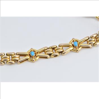 9K Ornate Turquoise Bar Link Vintage Chain Yellow Gold Bracelet 7.25