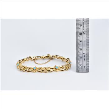 9K Ornate Turquoise Bar Link Vintage Chain Yellow Gold Bracelet 7.25