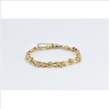 9K Ornate Turquoise Bar Link Vintage Chain Yellow Gold Bracelet 7.25