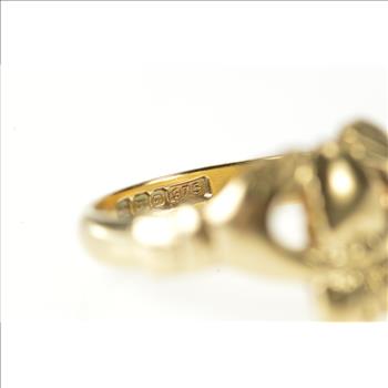 9K Traditional Celtic Irish Claddagh Loyalty Yellow Gold Ring, Size 5.75