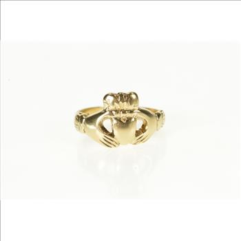9K Traditional Celtic Irish Claddagh Loyalty Yellow Gold Ring, Size 5.75