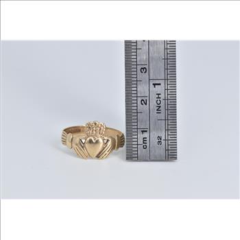 9K Traditional Claddagh Celtic Promise Wedding Yellow Gold Ring, Size 8.75