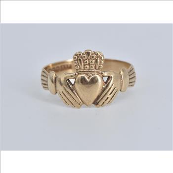 9K Traditional Claddagh Celtic Promise Wedding Yellow Gold Ring, Size 8.75