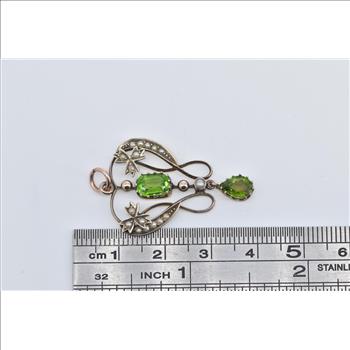 9K Victorian Seed Pearl Green Tourmaline Drop Rose Gold Pendant