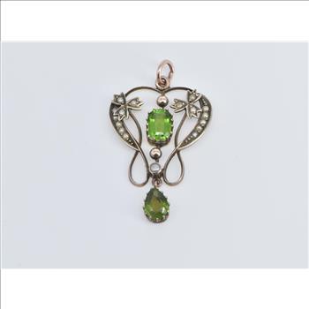 9K Victorian Seed Pearl Green Tourmaline Drop Rose Gold Pendant