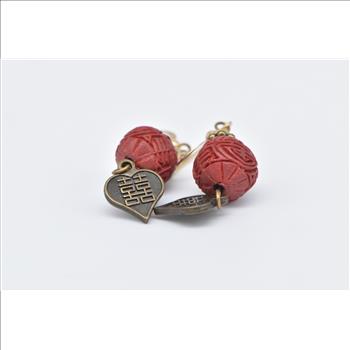 Base Metal Gold Plated Carnelian Flower Chinese Heart Dangle Earrings